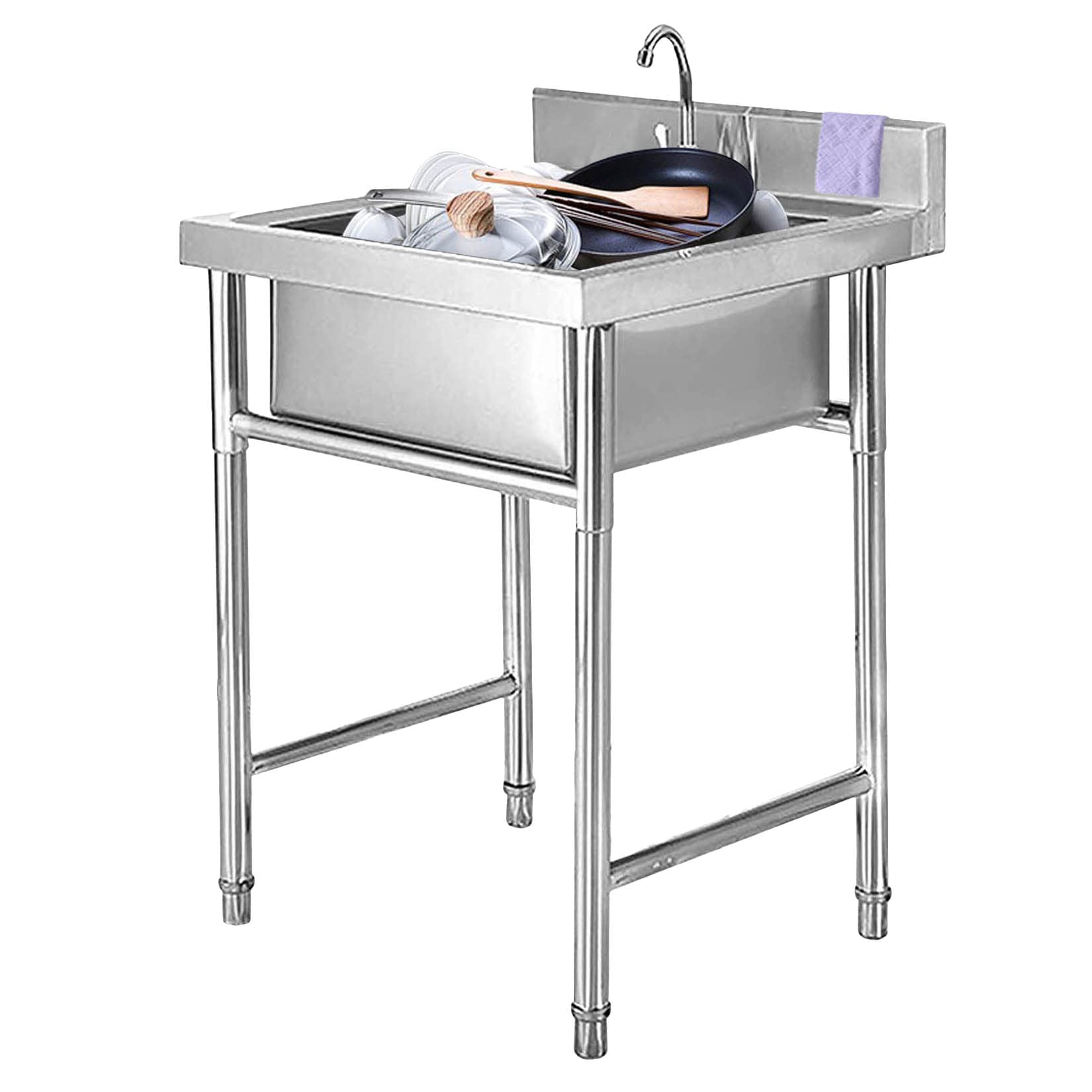 HCZKIUJY Kitchen Utility Sink,Single Bowl Freestanding Commercial Kitchen Sink with Faucet, 304 Stainless Steel Utility for Restaurant, Laundry Room, Workshop, Silver (23.6x23.6x31.4in)