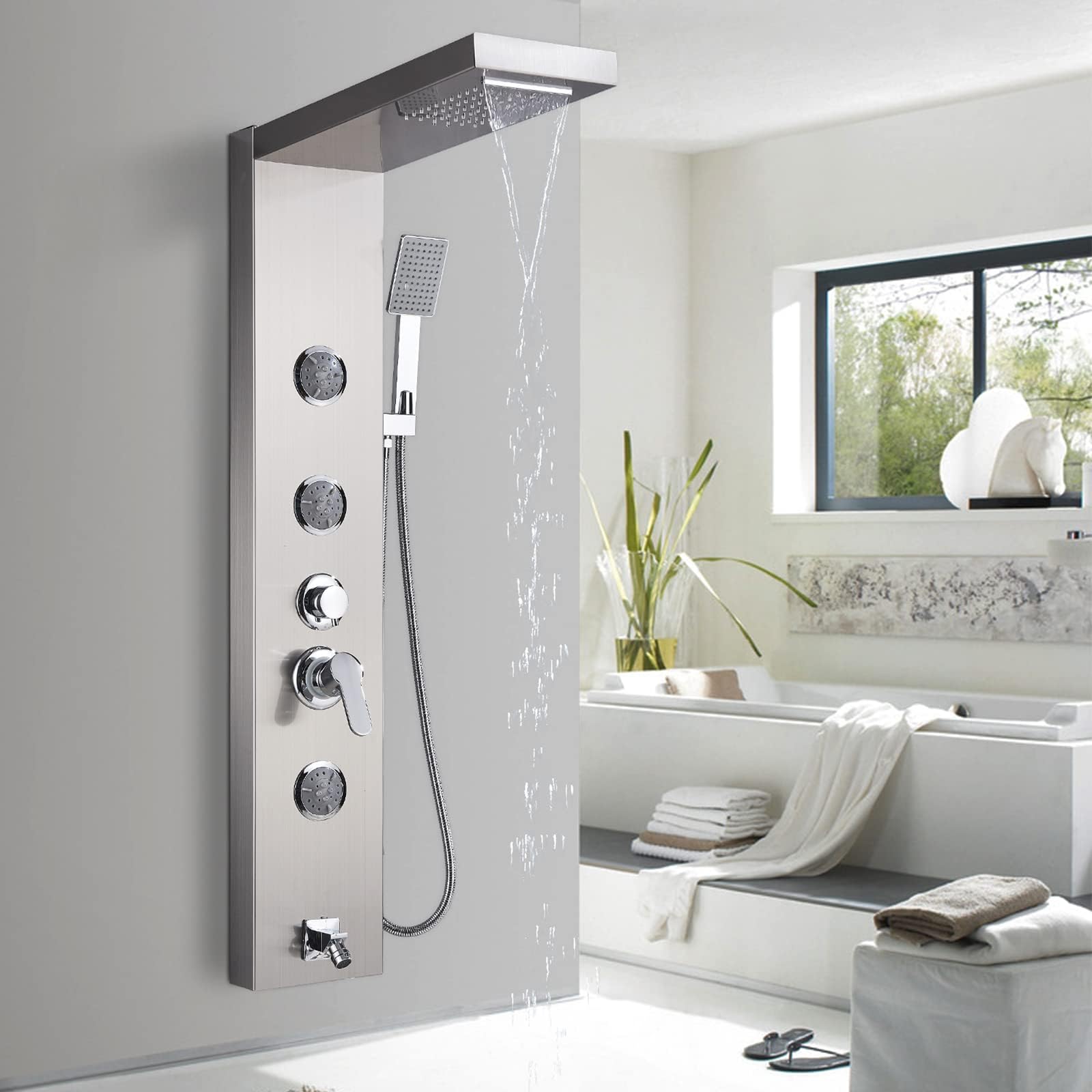 Rozin Shower Panel Tower System 5 Function with Top Shower Head Body Massage Jets Handheld Shower Tub Spout Brushed Nickel Stainless Steel Bathroom Shower Column Wall Mounted
