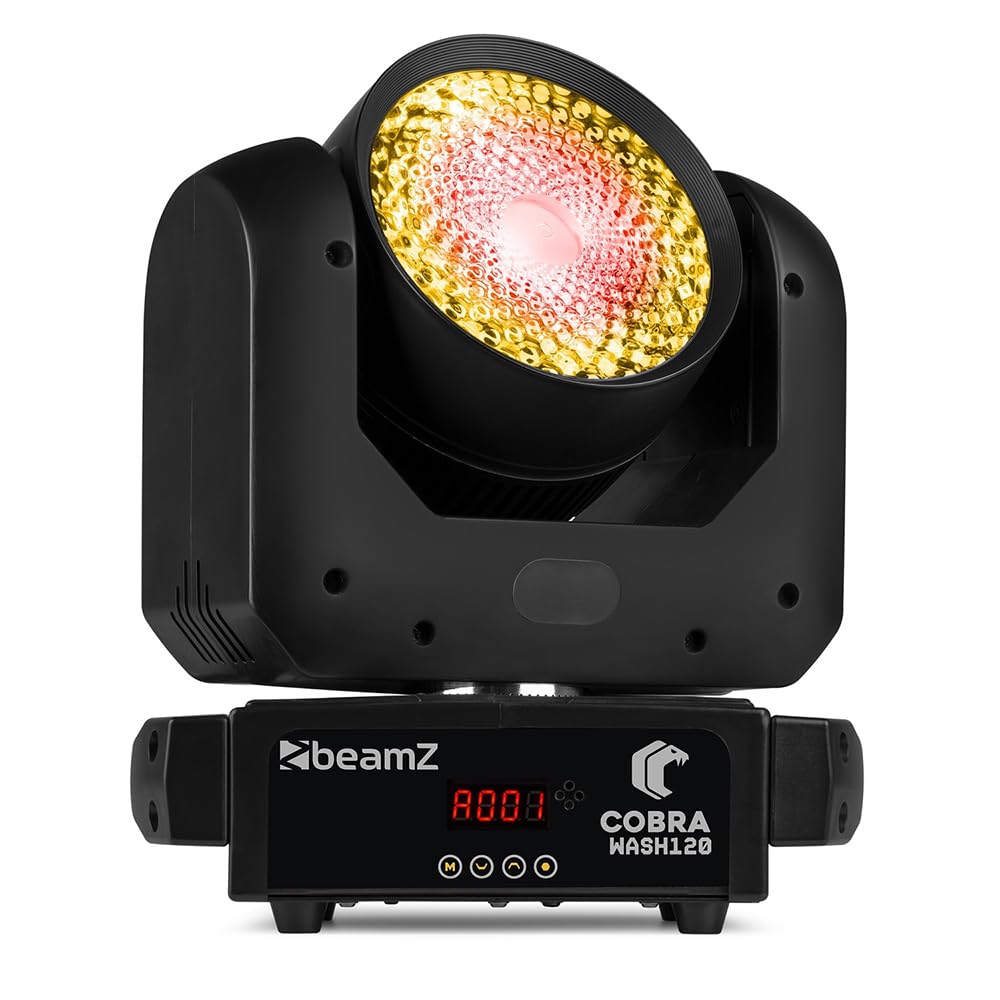 Beamz Cobra Wash120 120W Moving Head Wash Light with RGBW LED Ring, DJ Moving Head Light, 540° Pan, 205° Tilt, DMX Ready, Compact LED Stage Lighting for Events and Parties