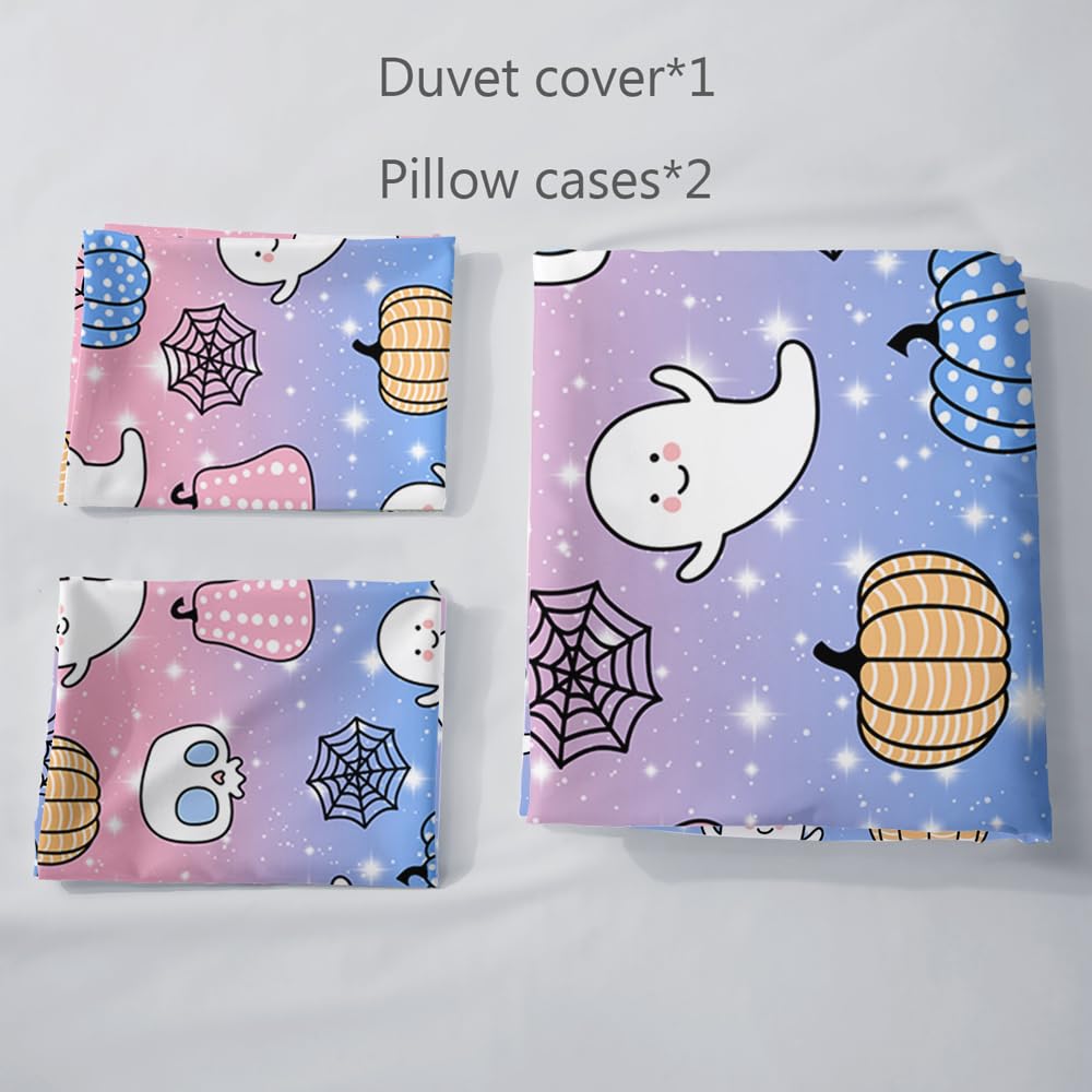 Halloween Bedding Set Single Size Girls Galaxy Pink Blue Duvet Cover Set White Ghost Cute Pumpkin Pattern Cartoon Girls Bedding Sets - Image 4