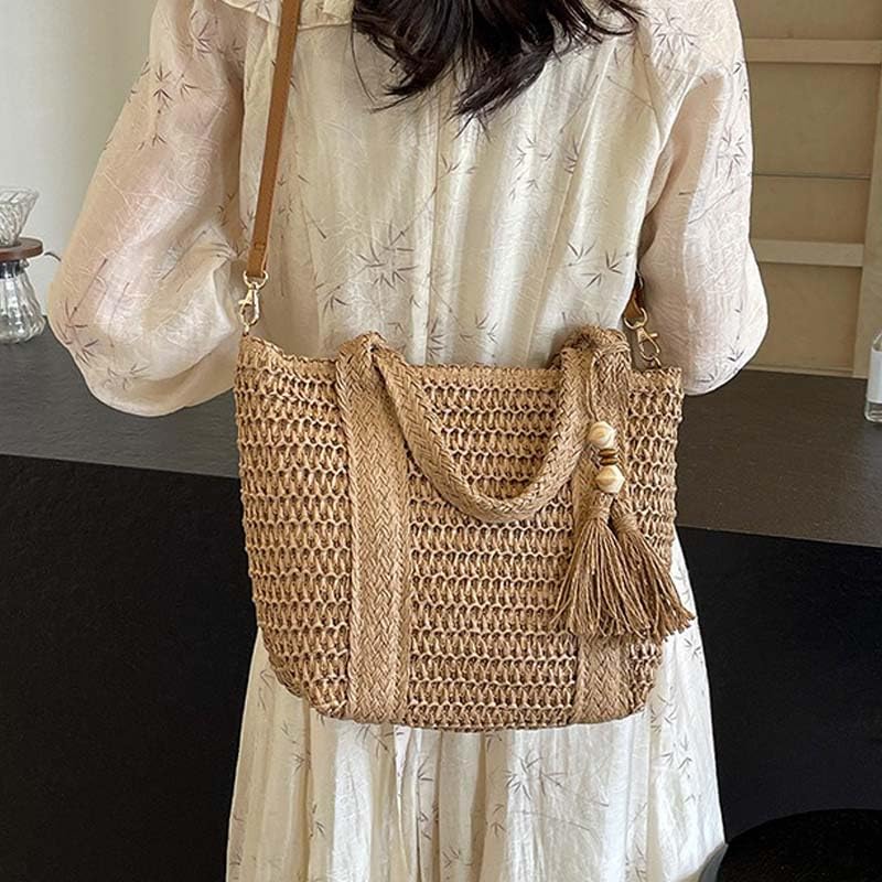 Bolso bandolera de paja tejido a mano para mujer miniatura 5
