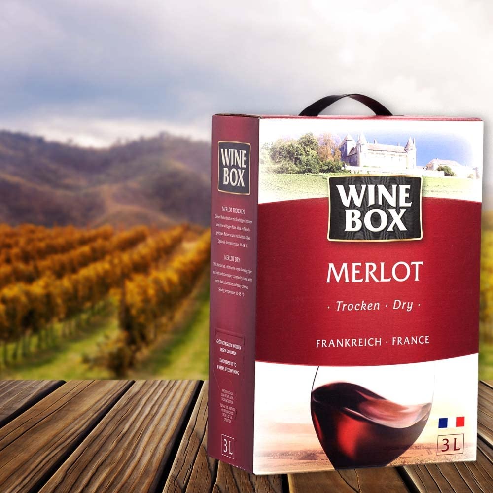 Wine Box Merlot, trocken, Bag-in-Box, sortenreines Weinpaket + VINOX Winecards (4x3,0l)