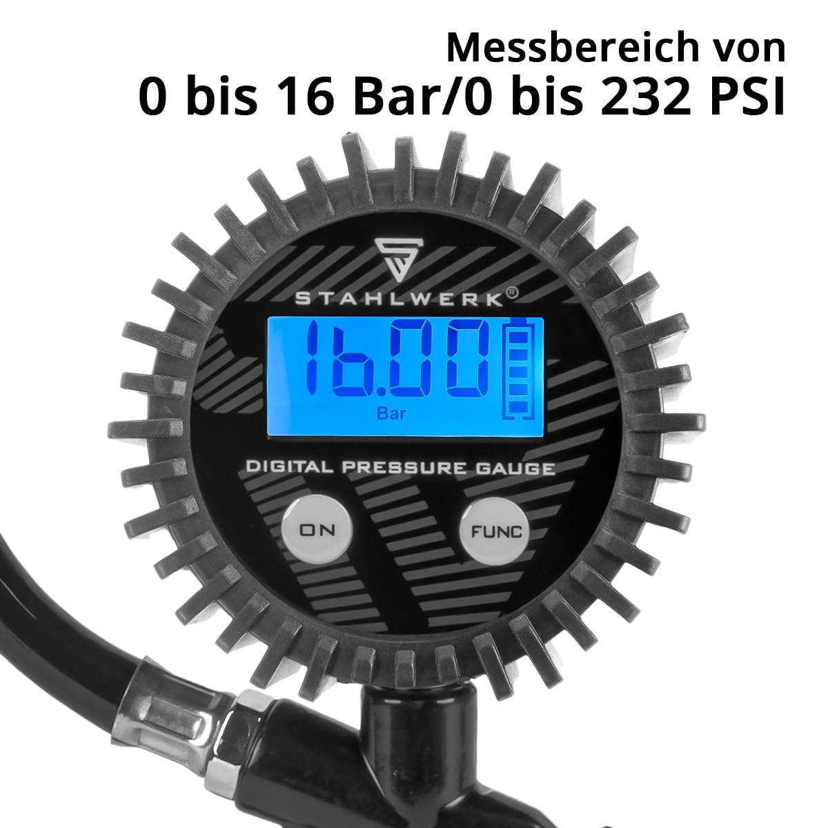 STAHLWERK Digitale Druckluft-Reifenfüllpistole DRD-16 ST | Druckluft Reifenfüller mit digitalem Manometer | Reifendruckprüfer für PKW, LKW, Motorrad, Fahrrad | Messbereich 0-16 Bar / 0-232 PSI