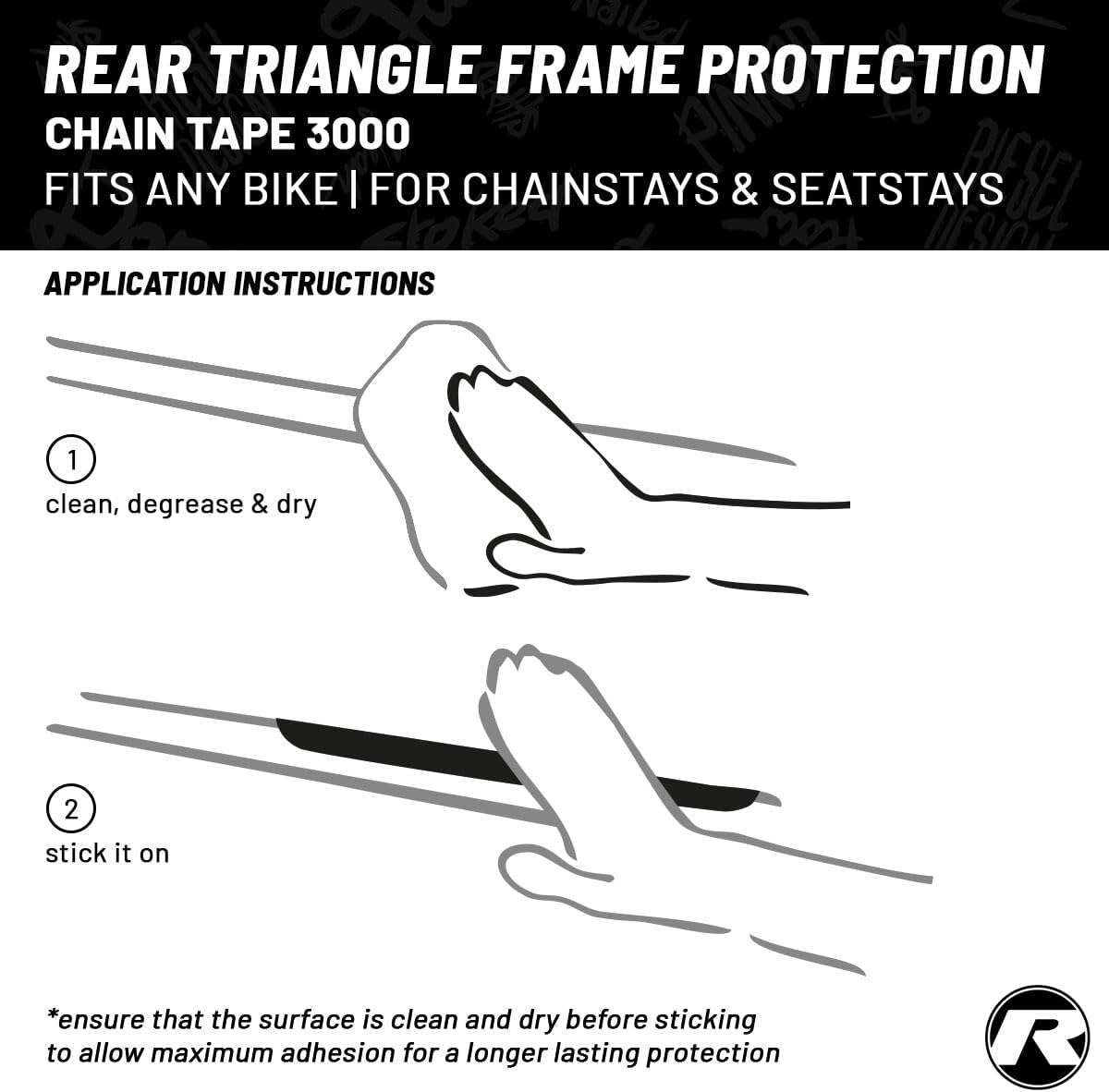 Riesel Design - Bike Rear Triangle Frame Protection Tape, for Chainstays and Seatstays, Protection Against Scratches and Abrasions - Easy Installation - Chain:Tape 3000 - Stickerbomb Eyecatcher