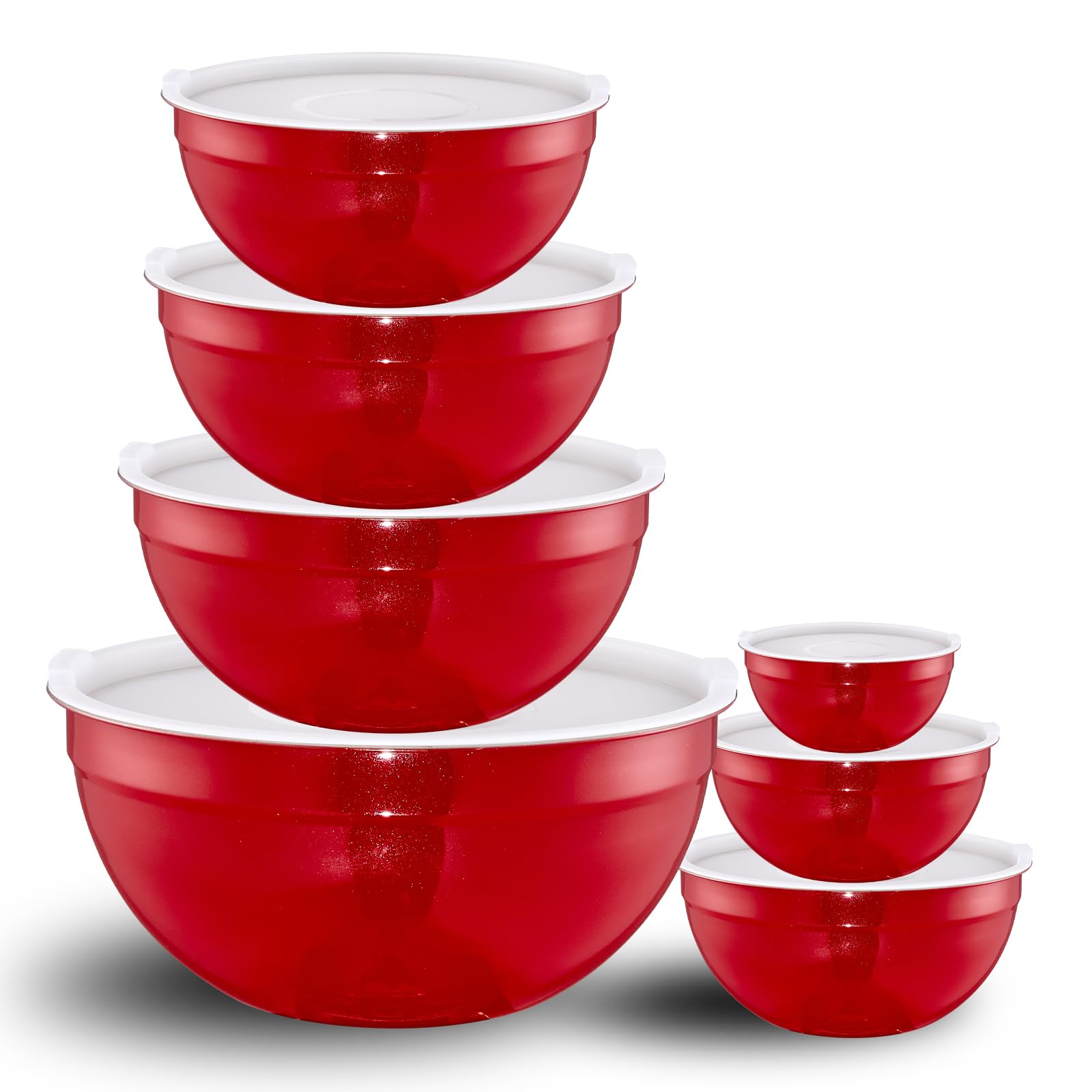 LKTDYMEG Red Mixing Bowls with Lids Set of 7, Stainless Steel Nesting Bowl with Khaki Lid for Non-slip Mixing Prepping Storing Serving, 7 Sizes-7/3.6/