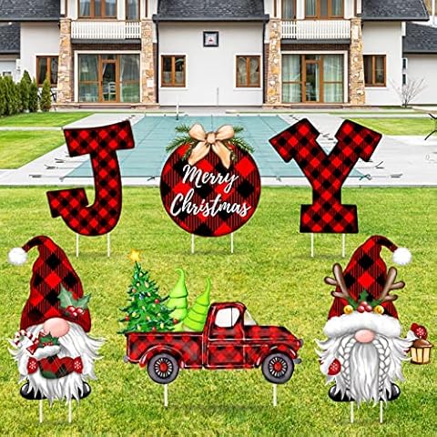 6PCS Christmas Yard Signs with Stakes Red and Black Buffalo Plaid Joy Gnomes Red Truck Christmas Decorations for Outdoor yard Lawn Christmas Holiday Decor Cover
