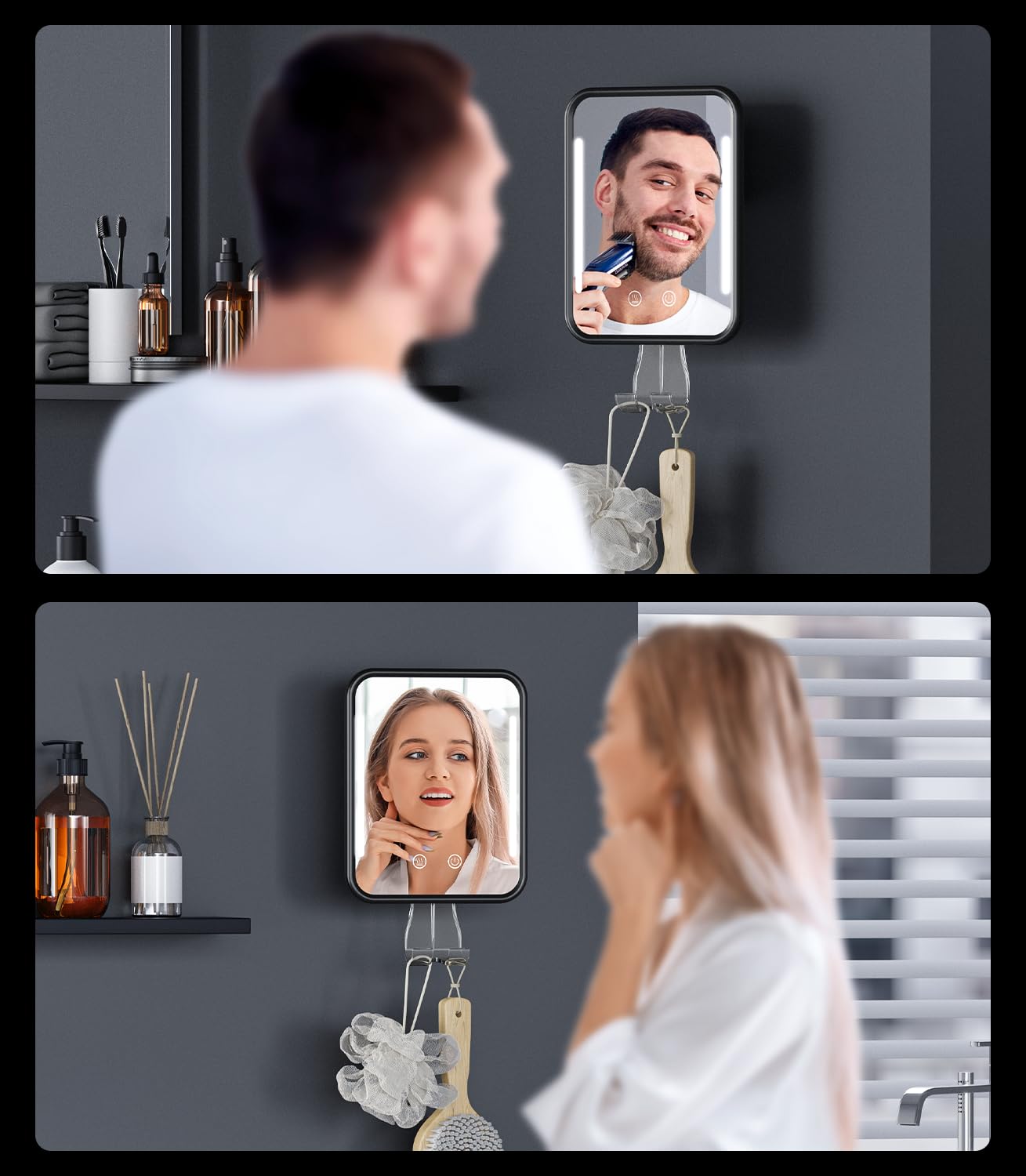 Gospire Espejo de ducha con calefacción antivaho para el afeitado, espejo de afeitar de ducha iluminado recargable con soporte para cuchillas de afeitar, extraíble y sin perforación, espejo de baño