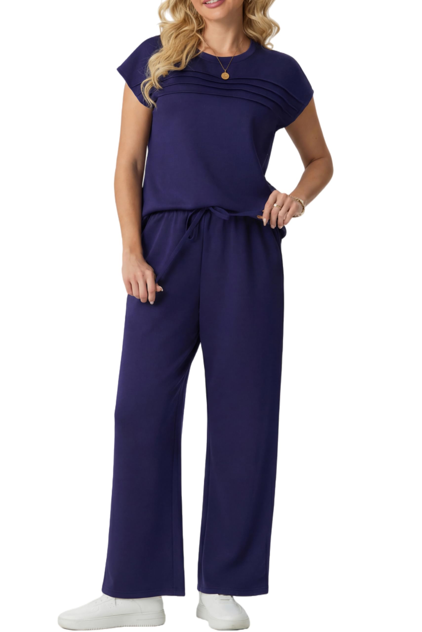 GRECERELLE Tuta da donna estiva da viaggio in due pezzi tuta da donna set completo a maniche corte casual girocollo manica ad aletta anteriore Plisse set abbinati pantaloni a gamba larga - 3