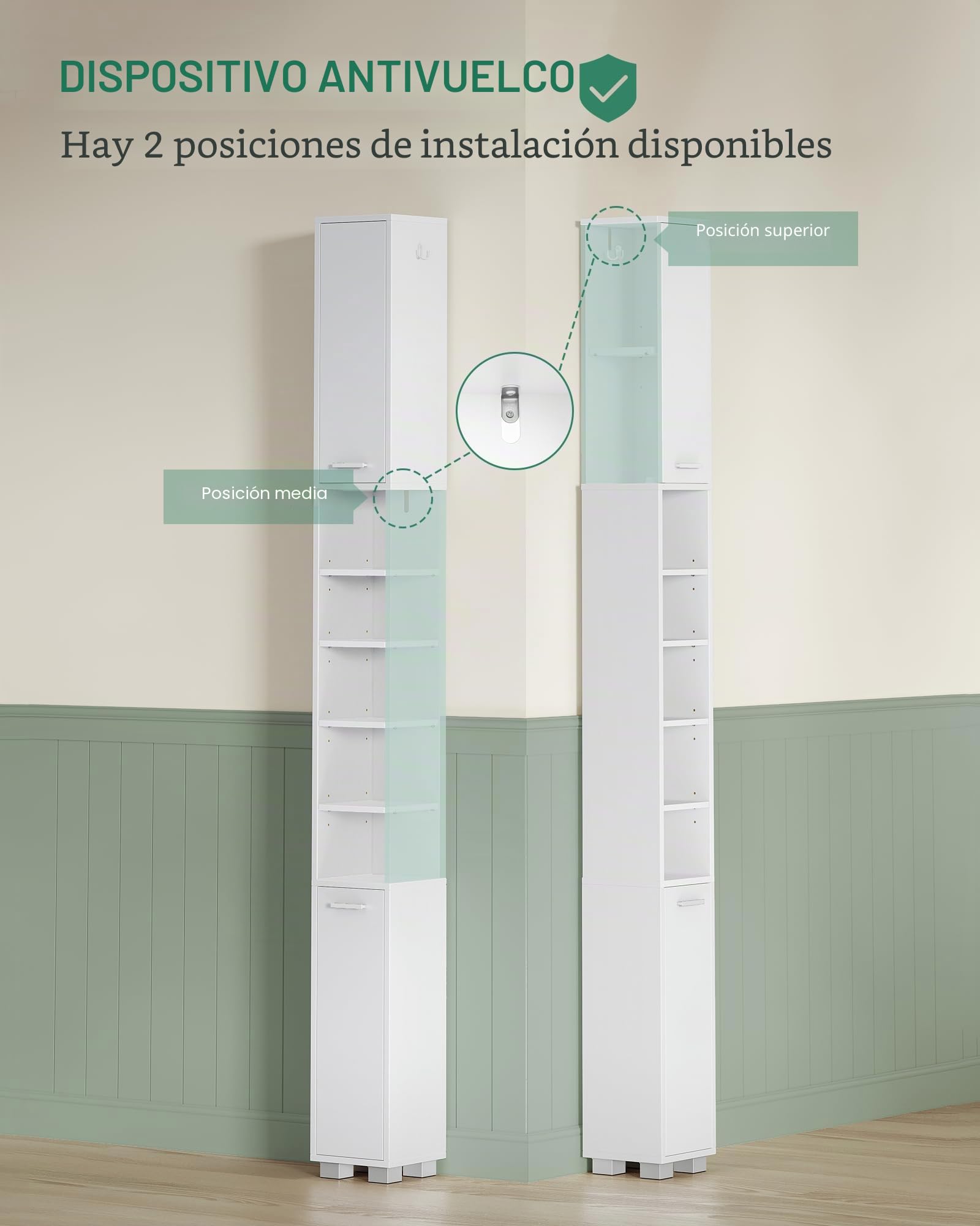 Hzuaneri Mueble de Baño Alto, Columna Baño, Armario Alto con 2 Puertas, 2 Cajas de Almacenamiento y Compartimentos Abiertos, Estantes Ajustables, 20 x 20 x 200 cm, Blanco BC28503X