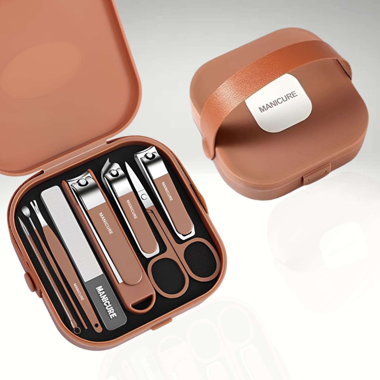 MotiBa 8 in 1 Nail Clipper Set – Professional Manicure & Pedicure Kit for Men & Women Portable Nail Clippers Set Stainless Steel Fingernail Clippers Personal Grooming Kits (Pack of 1, Brown)