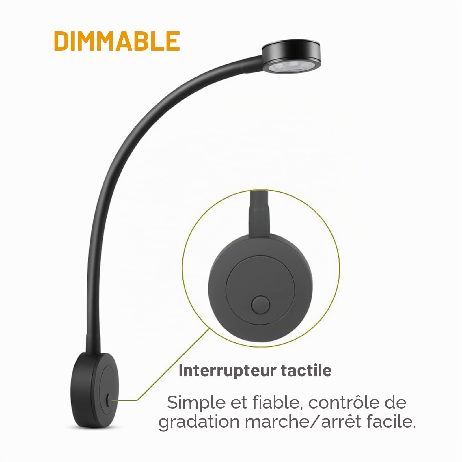 acegoo Lampe de lecture LED 12V camping-car lit murale chevet, col de cygne flexible dimmable DC12-24V avec variateur et chargeur USB pour bateau cabine camion van caravane, 2PCS (noir)