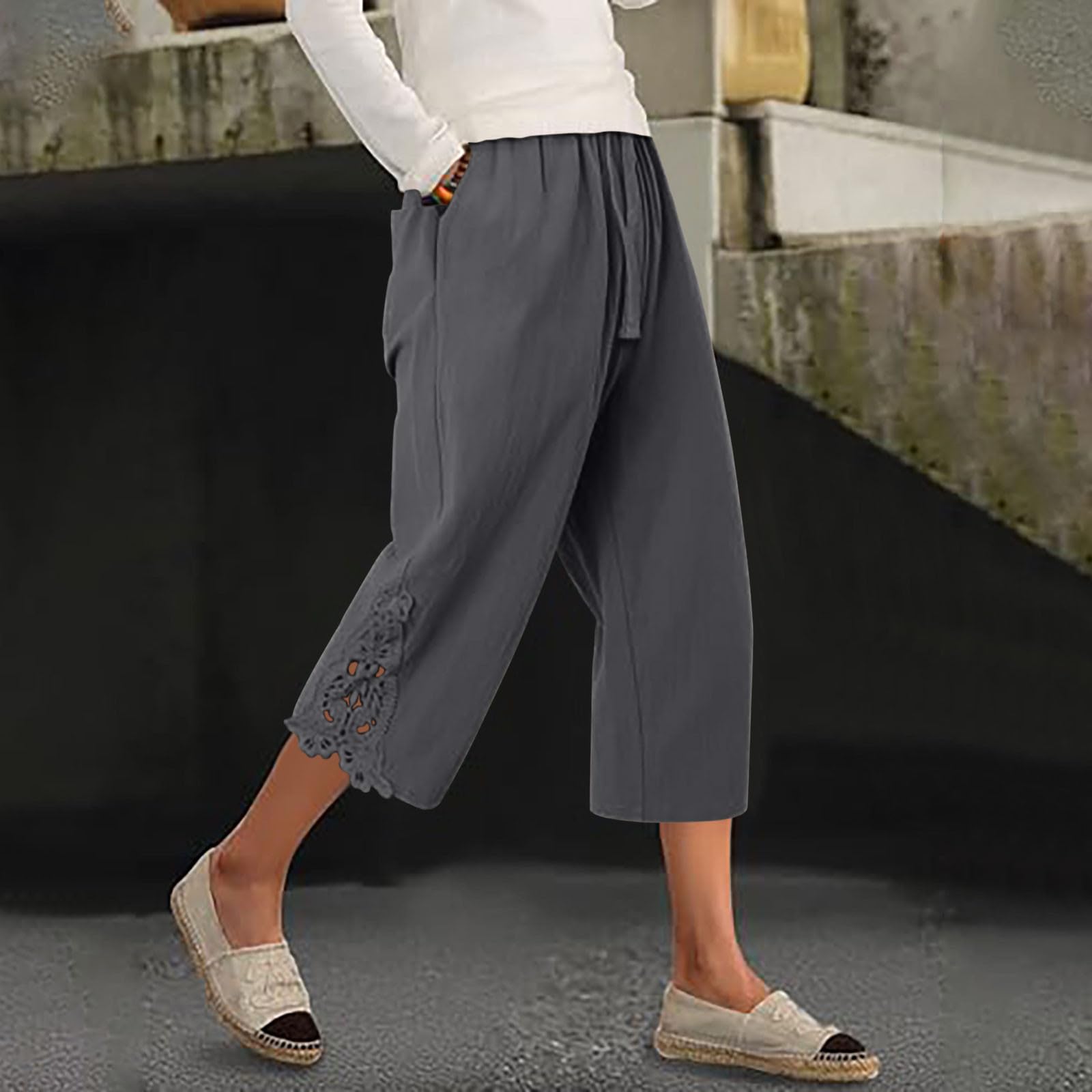 Pantalones Pirata Mujer Lino Verano Frescos Cómodo Elásticos Pantalón Deportivo 3/4 Shorts Respirable Pantalones con Palazzo Bolsillos Capris Pantalones Cortos de Algodón y Lino