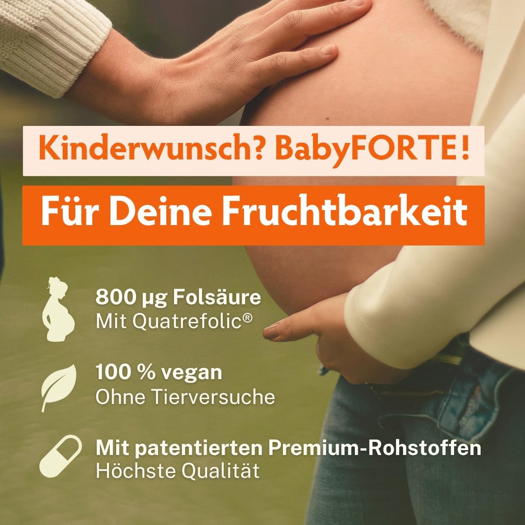 BabyFORTE Kinderwunsch Tabletten | vegan | Folsäure 800 μg, Quatrefolic®, Maca, Inositol, Jod | 180 Kapseln | Vitamine Schwangerschaft