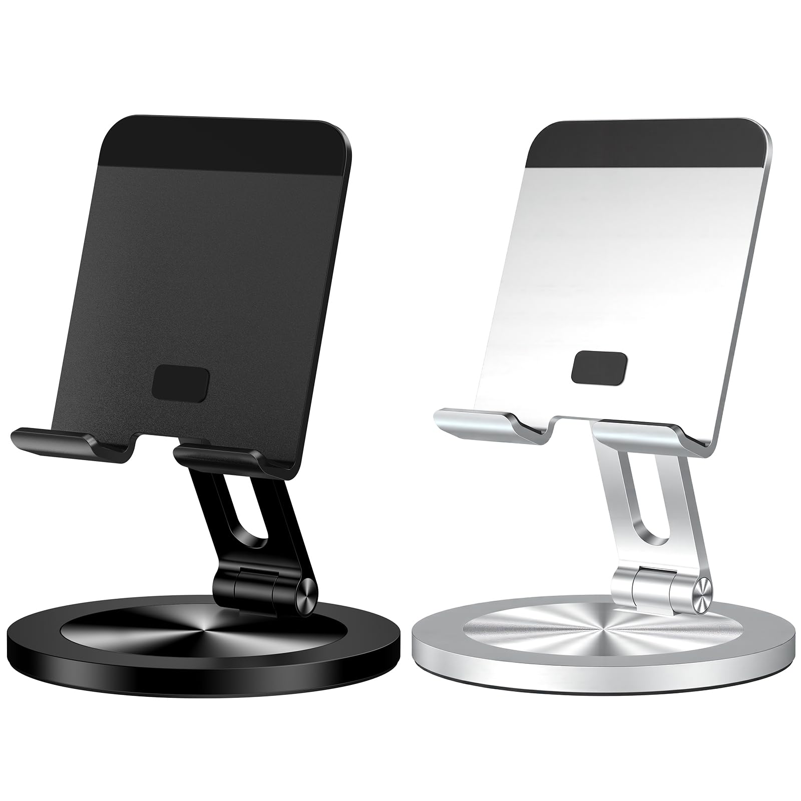 Phone Stand for Desk, 360° Rotating Dual Adjustable Foldable Holder, Heavy Solid All-Aluminum Base Anti-Slip Stable Support for Home Office Study, Fits iPhone Galaxy 4-8" Phones (Black+Silver)