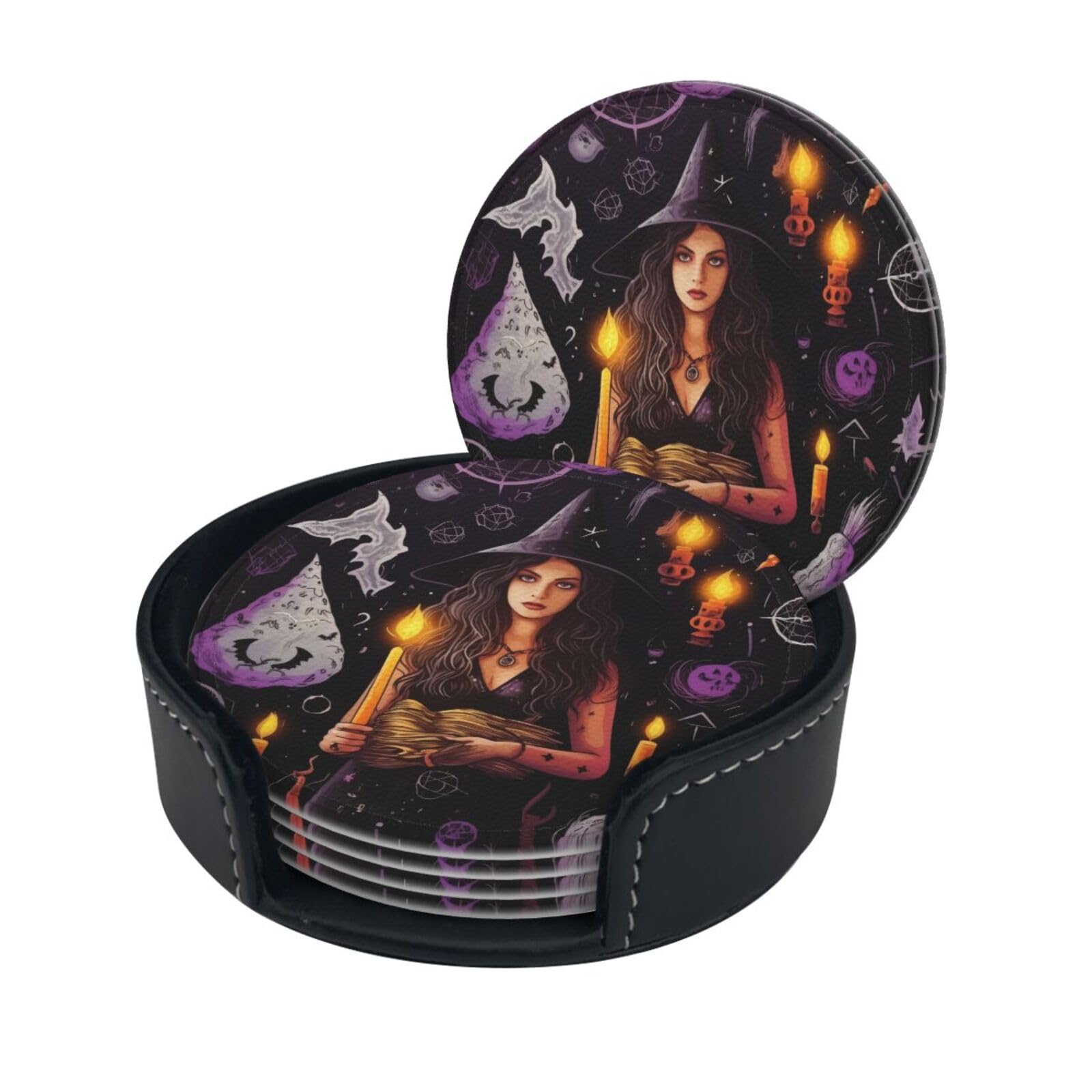 Stylish Coasters - Magic Witch Witchcraft Bohemian Drawing Set of 6 Round Leather Drink Coasters with Holder - Perfect Size for Cups and Glasses