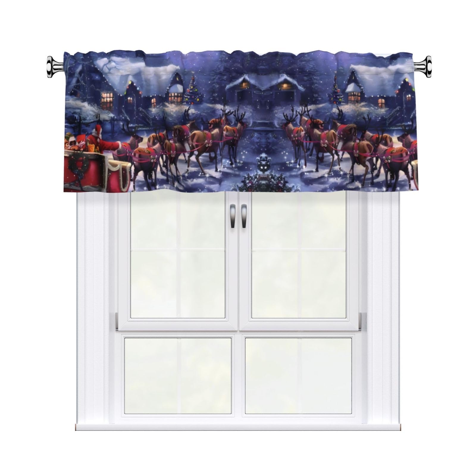 WHJSHOP Snow Night Santa and Deer Prints Curtain Valance 54x18 Inch - Peach Skin Window Layer with Delicate Print, Filtered Light for Kitchen Use