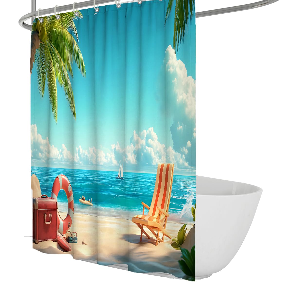 UERWOWELL Bright Coastal Resort Vacation Bath Curtain Sunny Sand Beach Nature Scene Shower Curtain Refreshing Turquoise Blue Bathroom Decoration Waterproof W240xL180 cm