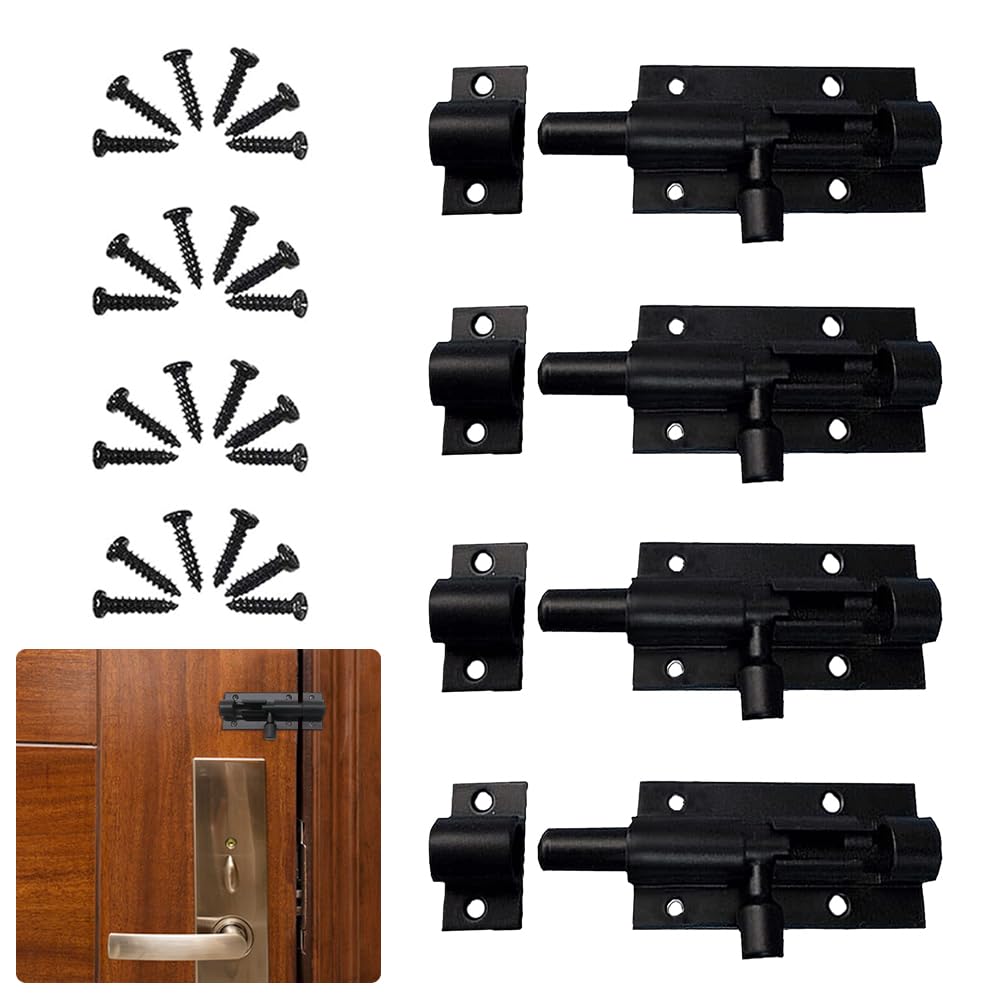 BNGXR Door Bolt Stainless Steel Pack of 4 Sliding Bolt Padlock Hole, 8 Inch Deadbolt Lock Small Door Bolt with 24 Screws for Toilet Bathroom Shed (Black)
