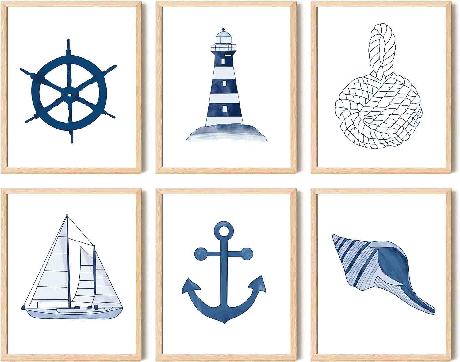 Navy Blue Nautical Wall Art Print,Ocean Seashells Seascape Sailboat Lighthouse Compass Boat Anchor Coastal Gallery Wall Art,Vintage Coastal Wall Art,for Coastal Bedroom Decor,Ocean room Decor,Coastal Decor for Home,Set of 6(8"x10"inch,Unframed).