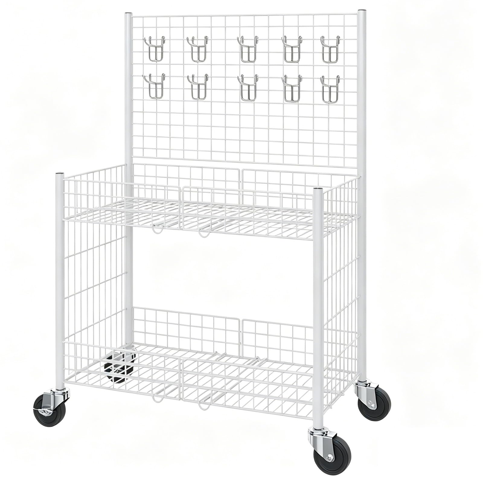 Carrito de Vendedor Plegable, de Acero Al Carbono y Dos Niveles, Carro de Ventas Portátil de Carga de 150 Kg y 10 Ganchos, para Exhibición de Postres, Dulces o Venta Ambulante(White,L)