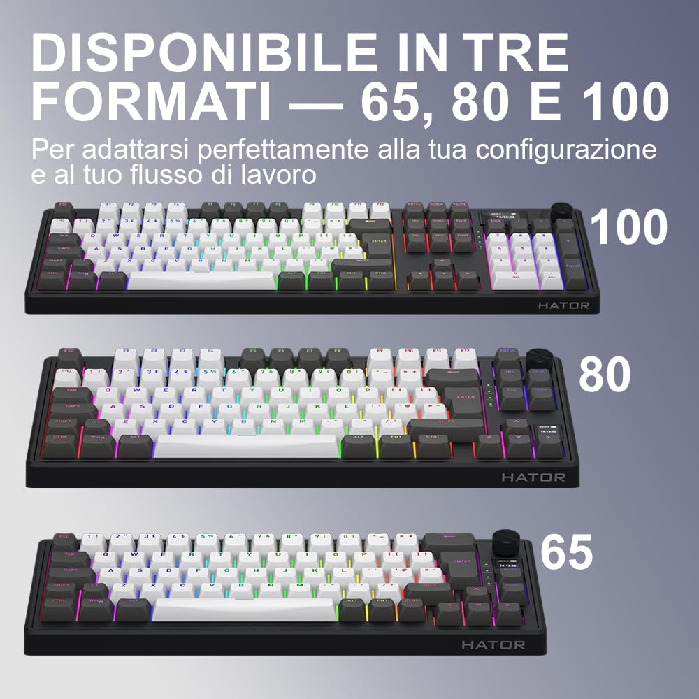 HATOR Skyfall 100 Pro Wireless Tastiera Gaming meccanica senza fili, Silent Switches, Hot-Swap, RGB, PBT, TFT Screen, 1000Hz, 2.4GHz/Bluetooth 5.3/USB-C, PC/Mac, EU/ISO Layout (QWERTY), Grigio/Nero