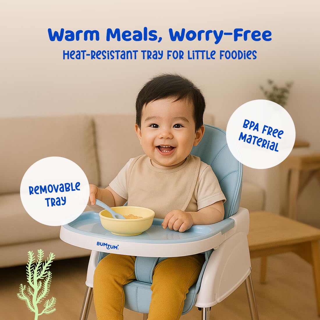 BUMTUM Baby Luxury High Chair 4 in 1 Convertible Folding with Footrest, Convertible to High Chair, Low Chair, & Feeding Seat with Cushion pad - Tan - Image 3 thumbnail
