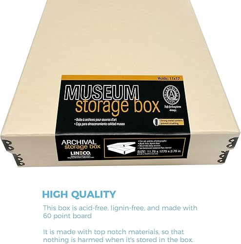 Miniatura 5 de Lineco, Caja de almacenamiento de archivos de museo bronceado de 11 x 17 pulgadas, sin ácidos con borde de metal. Protege la longevidad de la