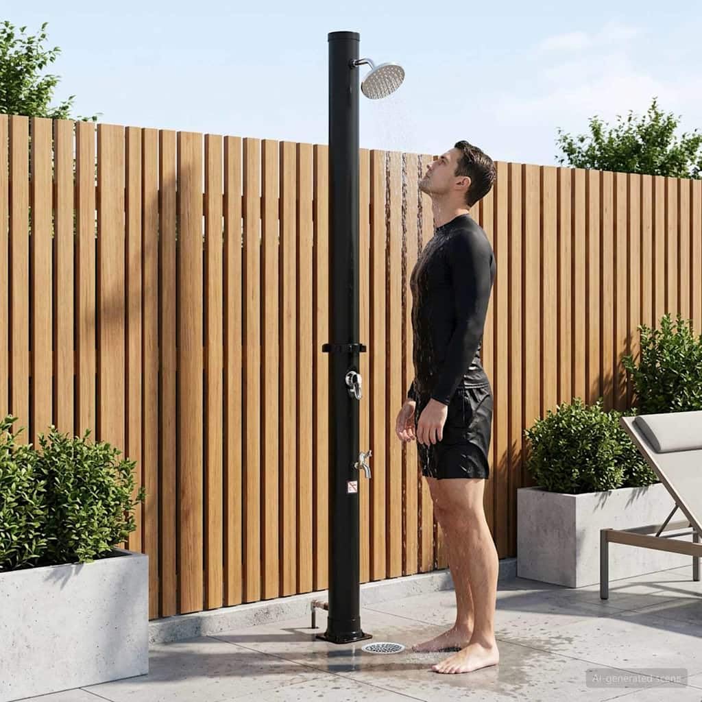 Mangloder - Ducha solar con alcachofa de ducha y grifo de 20 L, color negro, para jardín, terraza, piscina, jacuzzi, accesorios de PVC resistente a la intemperie con ducha de pies, cabezal de ducha