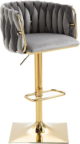 Miniatura 7 de Lin-Utrend Taburetes de bar giratorios de terciopelo de 360, reposapiés y altura ajustable, elegante juego de taburetes de bar dorados para