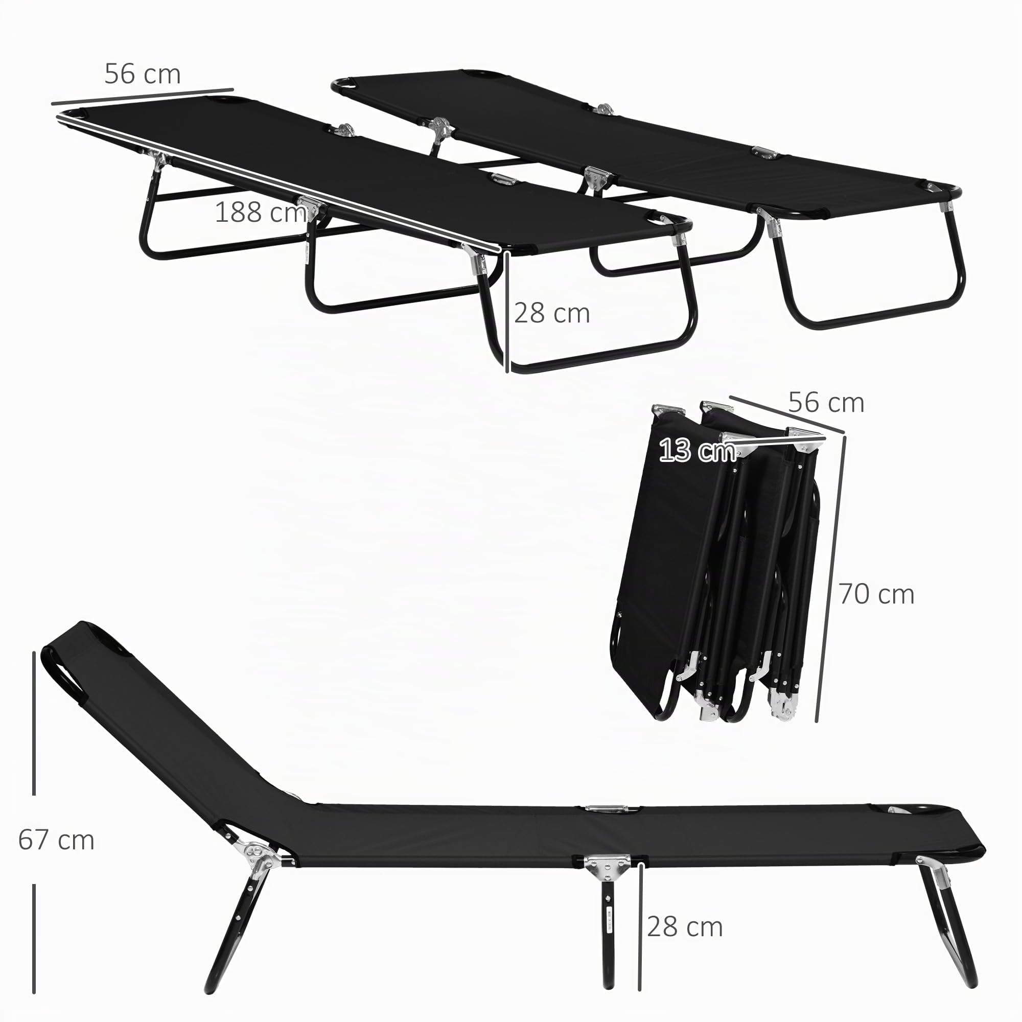 Outsunny Lot de 2 Bain de Soleil Dossier Inclinable 188x56x28cm Noir | Chaise Longue Pliante, Transat Jardin Extérieur, 5 Positions, Structure en Acier, pour Patio, Piscine, Terrasse