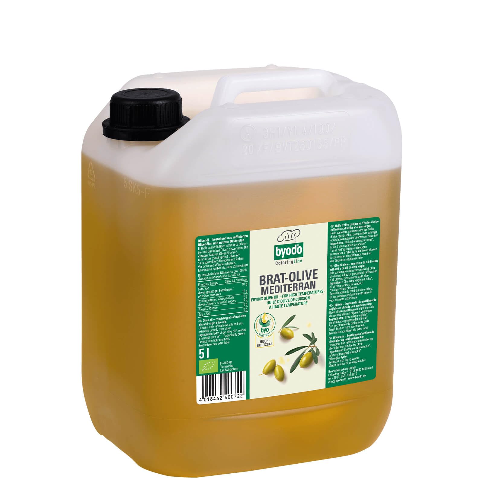 Brat-Olive Mediterran Bio-Olivenöl von Byodo im 5 Liter Kanister – Hocherhitzbar zum Braten, Grillen & Frittieren, Vegan, Mediterraner Geschmack, Vielseitig einsetzbar
