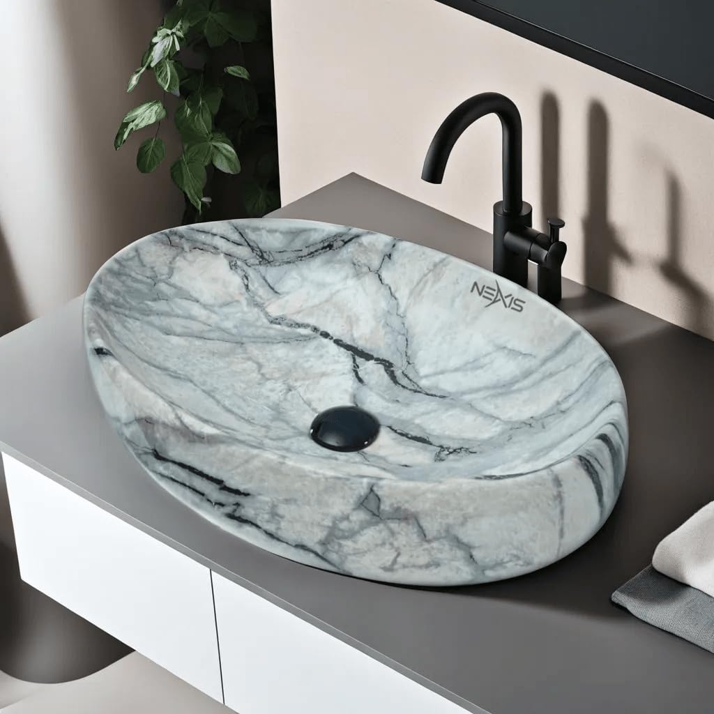 NEXIS Designer Counter Top Wash Basin | Tabletop Ceramic Bathroom Sink | Wash Basin Over Counter | Wash Basin For Bathroom, Living Room, Restaurants (24 x 15 x 6 Inch) (Glossy Off-White N Black Strip) (B0CPVGZ932) Amazon Price History, Amazon Price Tracker