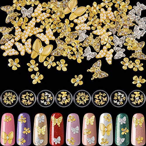 8 Boxes 3D Butterfly Flower Nail Charms Metal Glitter Butterfly Nail Art Rhinestones Gold Alloy Crystal Nail Studs for Women Girls Home Salon DIY Nail Art Decoration