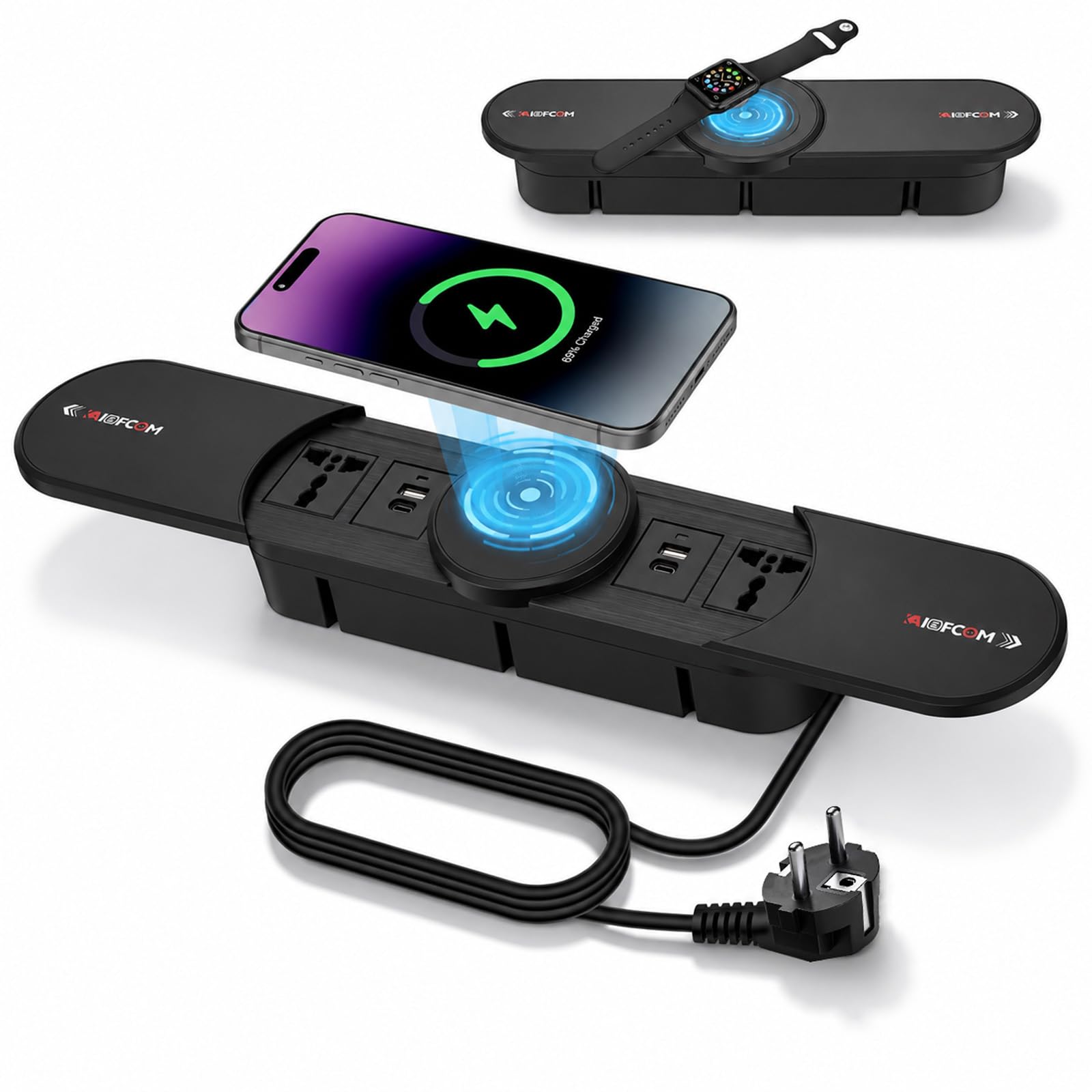 Ciabatta elettrica da incasso con 2 coperchi scorrevoli in metallo, presa a scomparsa, 4 prese con funzione di ricarica wireless da 15 W, 2 AC 2 USB A e 2 USB C, presa da tavolo a scomparsa per