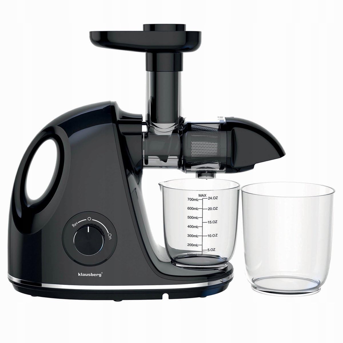 Klausberg Exprimidor lento negro brillante con tecnología Cold Press, plástico sin BPA y acero inoxidable, 700 ml, 150W
