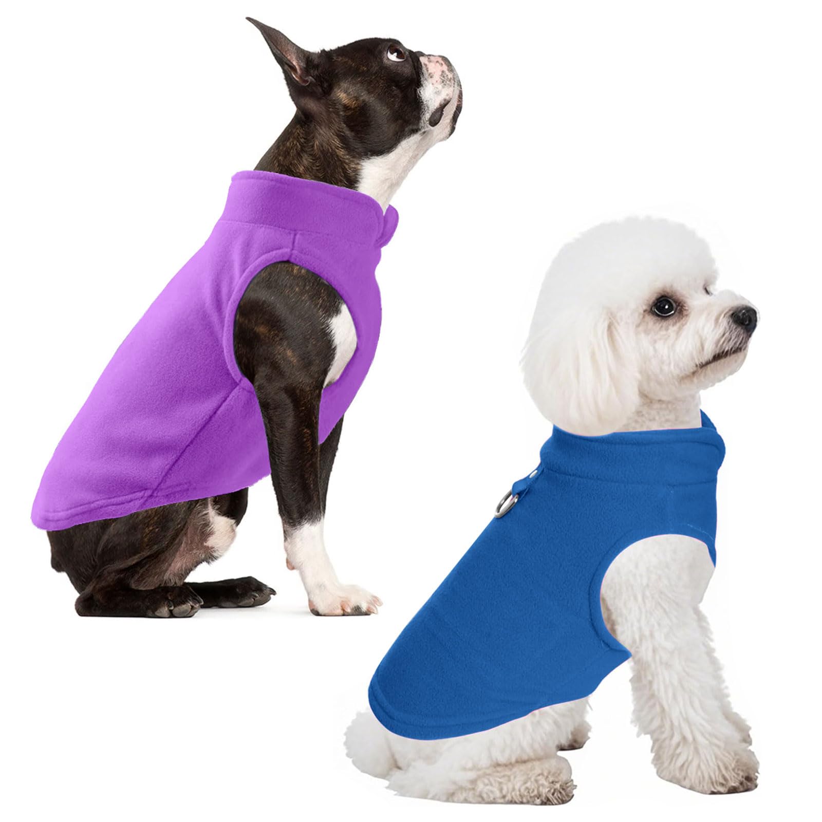 Fjquamitix 2 Pack Small Dog Coat Clothes,Warm and Soft Fleece Vest Jumper Fall Winter Pet Sweater Jacket with Leash D-Ring for Cats Puppy Medium Dogs Chihuahua Dachshund (blue & purple, L)