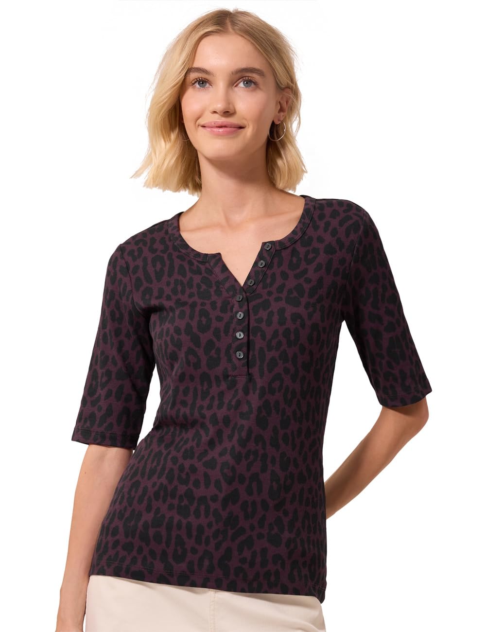Street One Studio Very Berry 42 Leo Print Split Neck T-Shirt