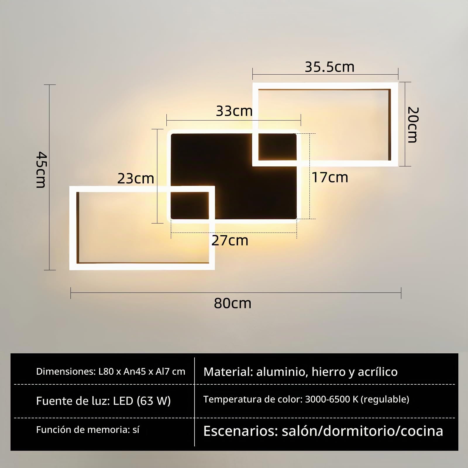 ZMH Lámpara LED para techo de salón - Lámpara grande negra para salón regulable con mando a distancia 63 W lámpara moderna para dormitorio lámpara metálica para cocina 80 cm para comedor, oficina