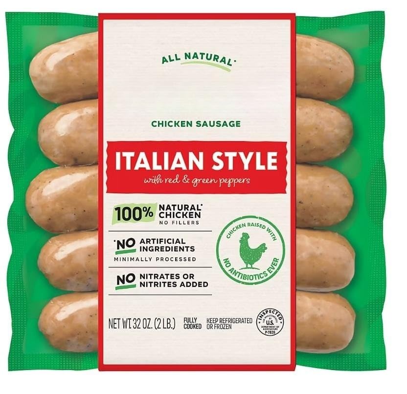 Italian Style Fully Cooked Chicken Sausage is made with chicken raised with no antibiotics ever and real ingredients you can see and taste like red and green peppers and classic Italian seasonings. With honest to goodness flavor you can turn your go-to dishes into everyday ta-das! We love our Italian Style Fully Cooked Chicken Sausage sliced in pasta, sauteed with veggies, or grilled in a bun. *No artificial ingredients, minimally processed. [ 32 oz , 2 lb ]
