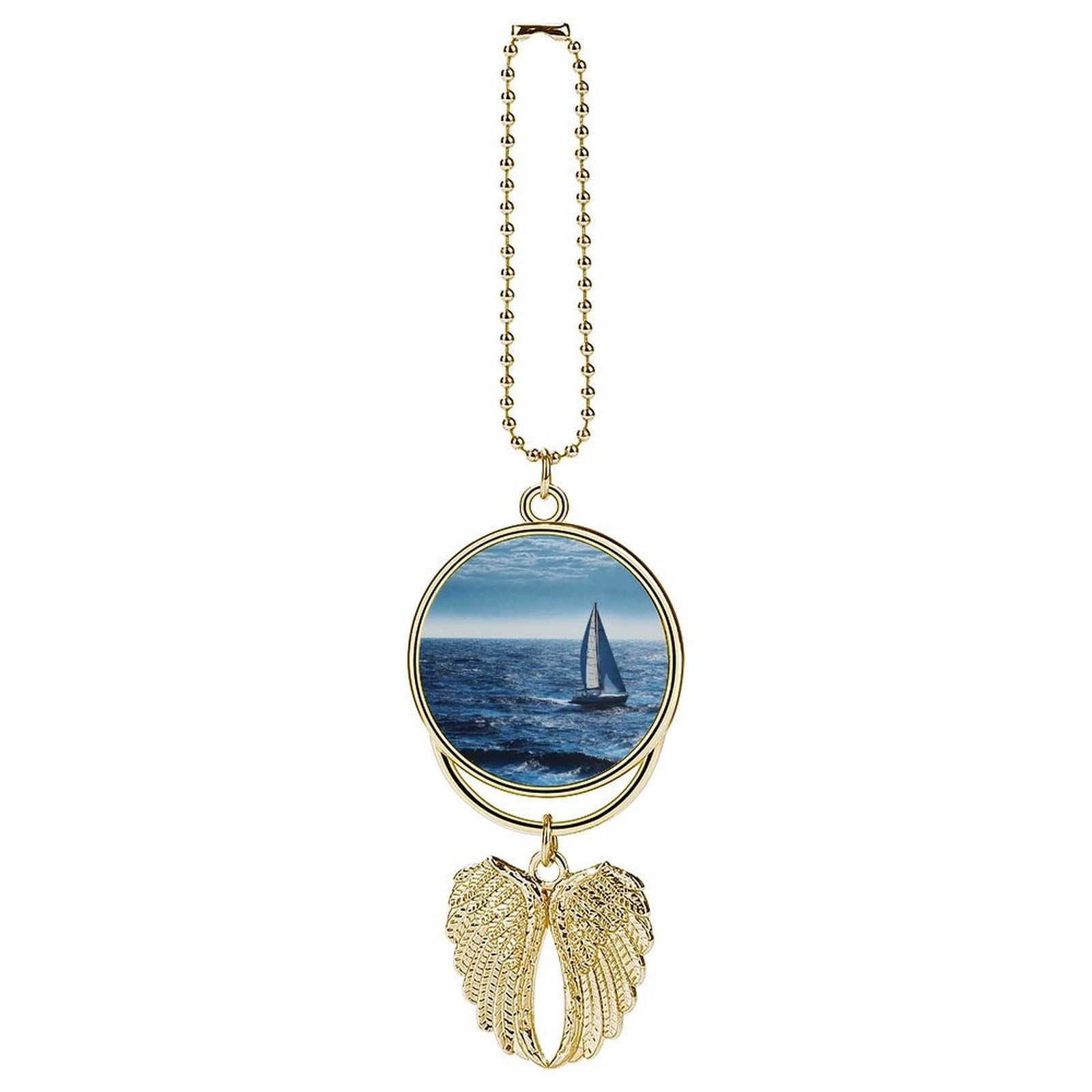 Blue Sea Sailboat Car Pendant Car Rearview Mirror Pendant Custom Photo Car Hanging Ornament Car Rear View Mirror Hanging Accessories Angel Wing Car Charm Gift for Men Women
