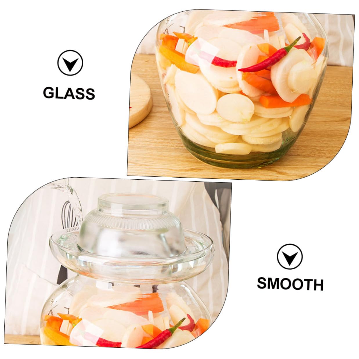 Traditionelles Glas Gärgefäß mit Unterschiedlichem Deckeldesign zum Fermentieren von Gemüse und Gurken in Heimischen Küche