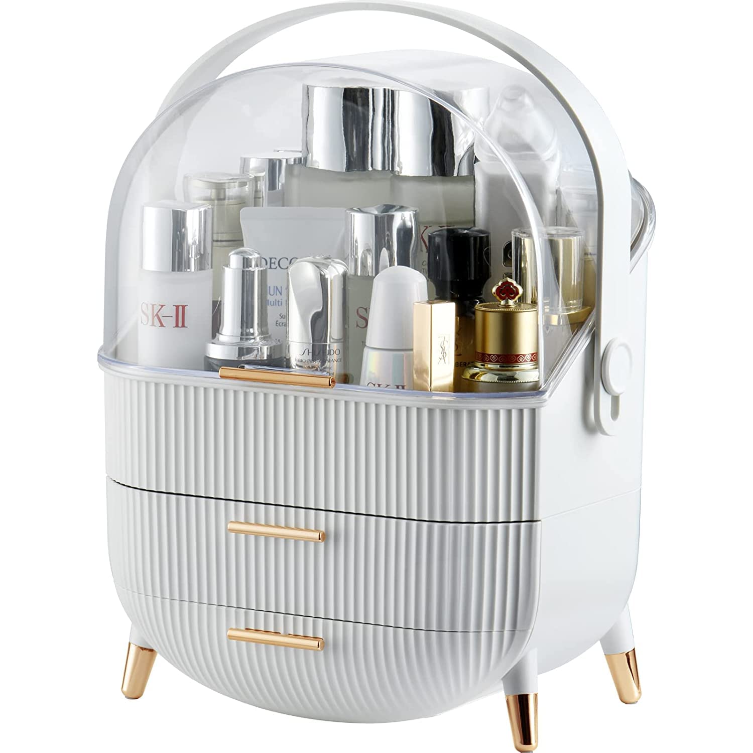 Ostin Polystyrene Makeup Storage Organizer,Clear Cover Cosmetics Display Case With Two Tier Storage Box And Brush Storage Box,Skin Care Organizers For Bathroom Countertop,Bedroom Vanity Desk(White)