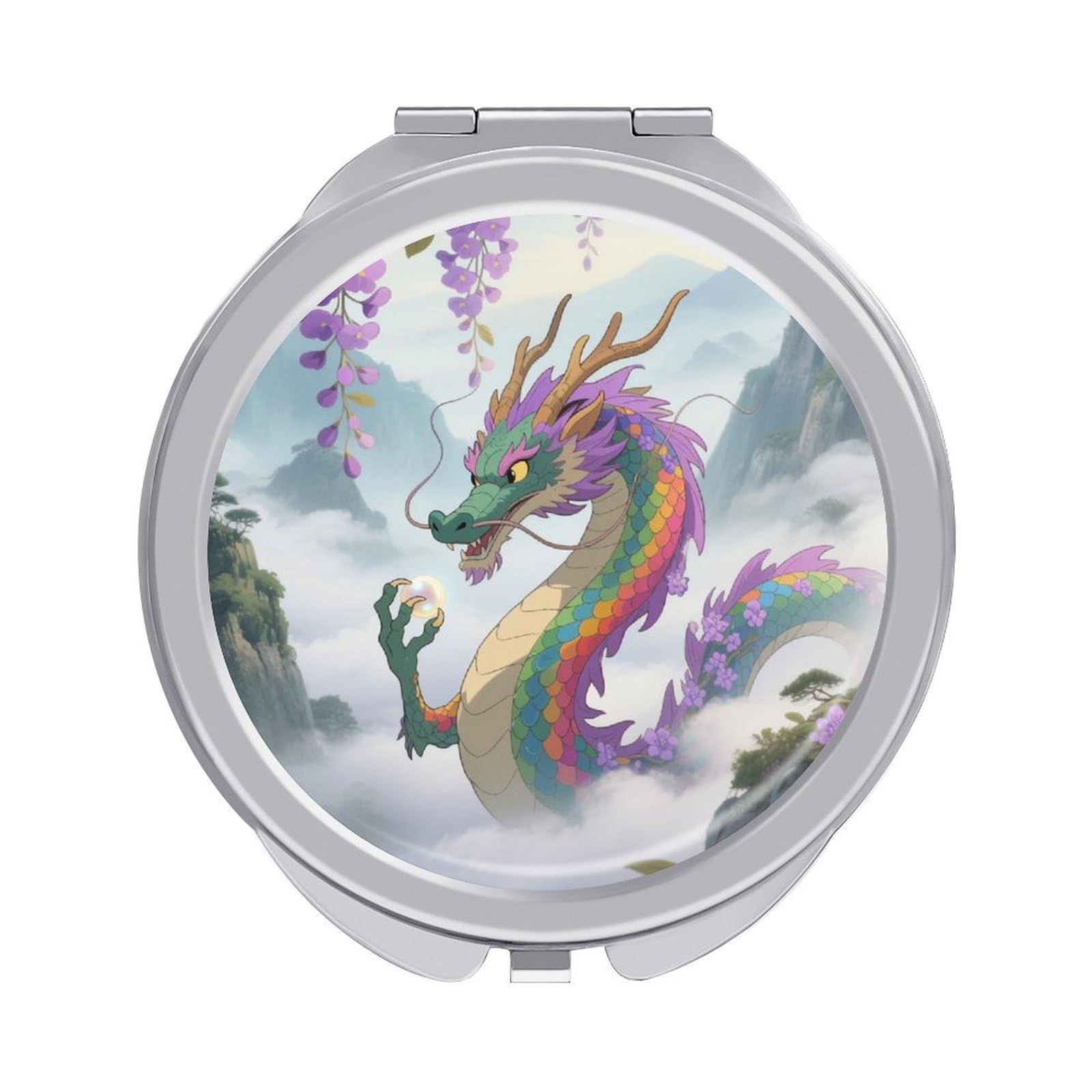 VstaDank Rainbow Scaled Eastern Dragon Makeup Mirror Beautiful Compact Makeup Mirror Silver Mirrors Surface Folding Makeups Lightweight Travel Makeups Mirrors for Suitable Handbag and Purses