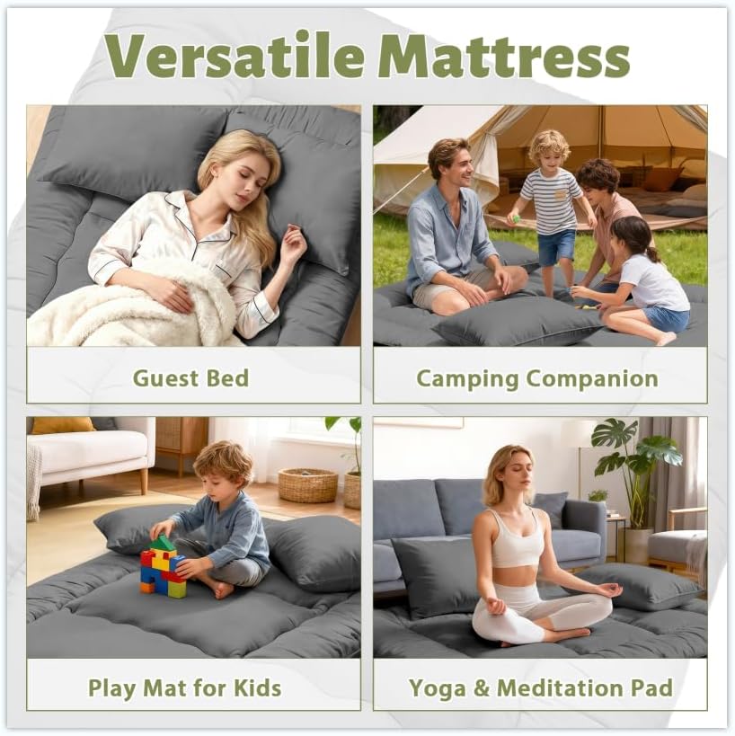 Miniatura 7 de Futón de colchón japonés para suelo, tapete de tatami plegable de 4 pulgadas de grosor con 2 fundas de almohada, cama de suelo tamaño individual