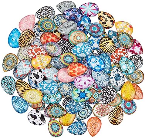 PandaHall about 100pcs Mixed Color Mosaic Printed Glass Cabochons Flat Drop Caochons for Jewellery Making