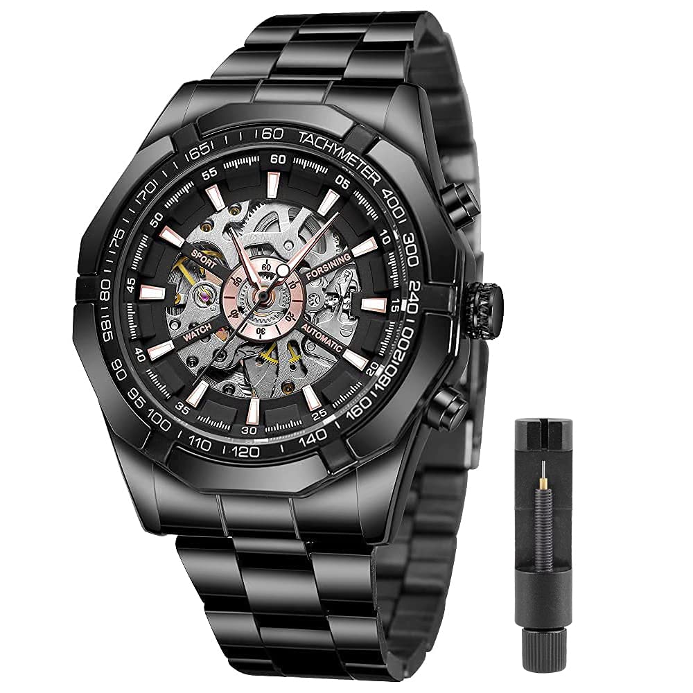 Tiong Men's Mechanical Watch Stainless Steel Men's Luminous Hand Watch, Skeleton Roman Numerals Waterproof Mechanical Watch