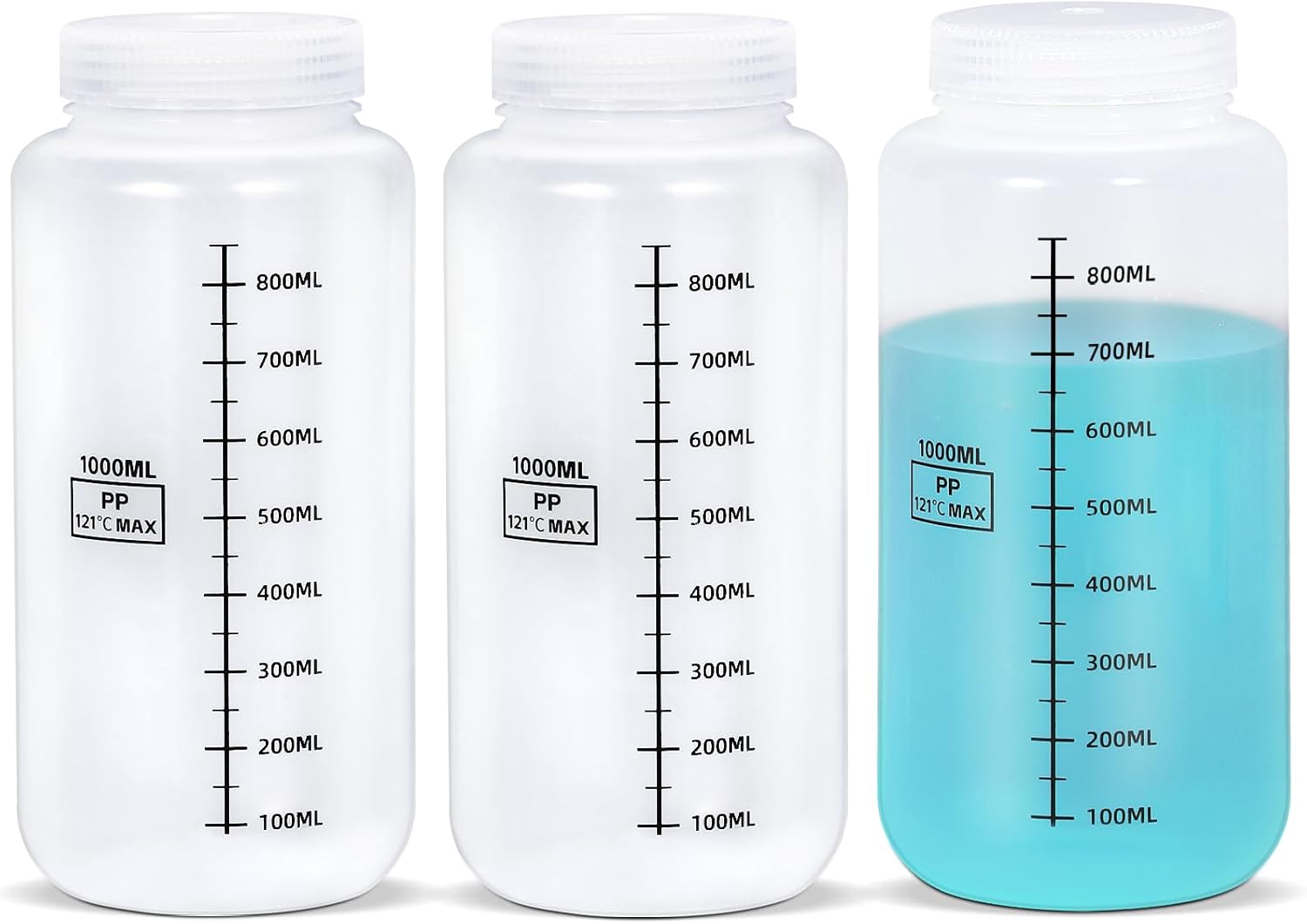 UMETASS 34oz Wide Mouth Leakproof Plastic Bottles with Lids - Food Grade PP Graduated Jars for Lab Reagents, Medicine, Juice Storage (3 Pack Transparent)