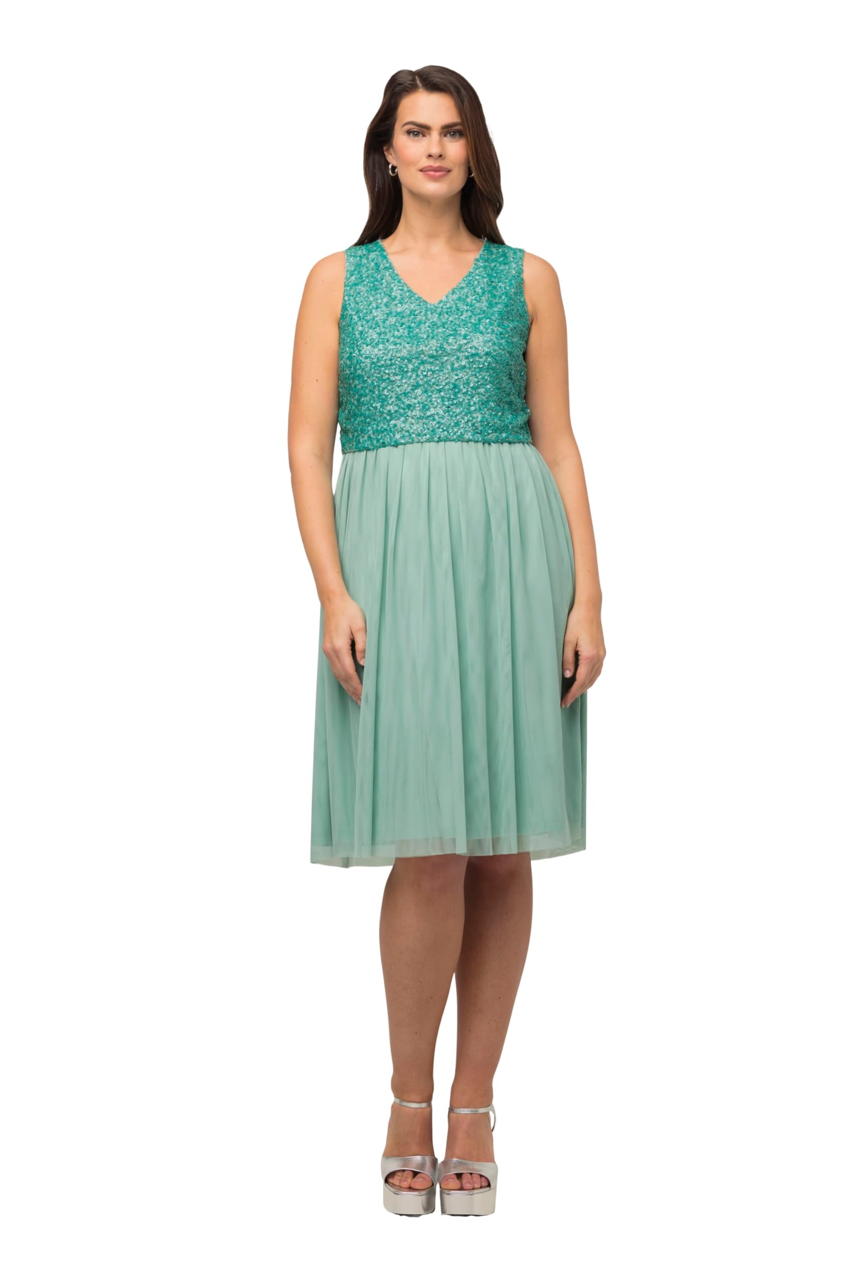 Ulla Popken Damen große Größen Übergrößen Plus Size Midikleid, Pailletten, V-Ausschnitt, ärmellos 818767