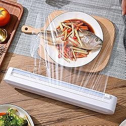Dispensador De Comida Casero SUQ Dispensador Envoltura de Plástico, Dispensador de Película Adhesiva, Cortador Película Plástico con Ventosa para Film Transparente, Papel Aluminio, Cocina Casera, Restaurante, sin BPA (Blanco)