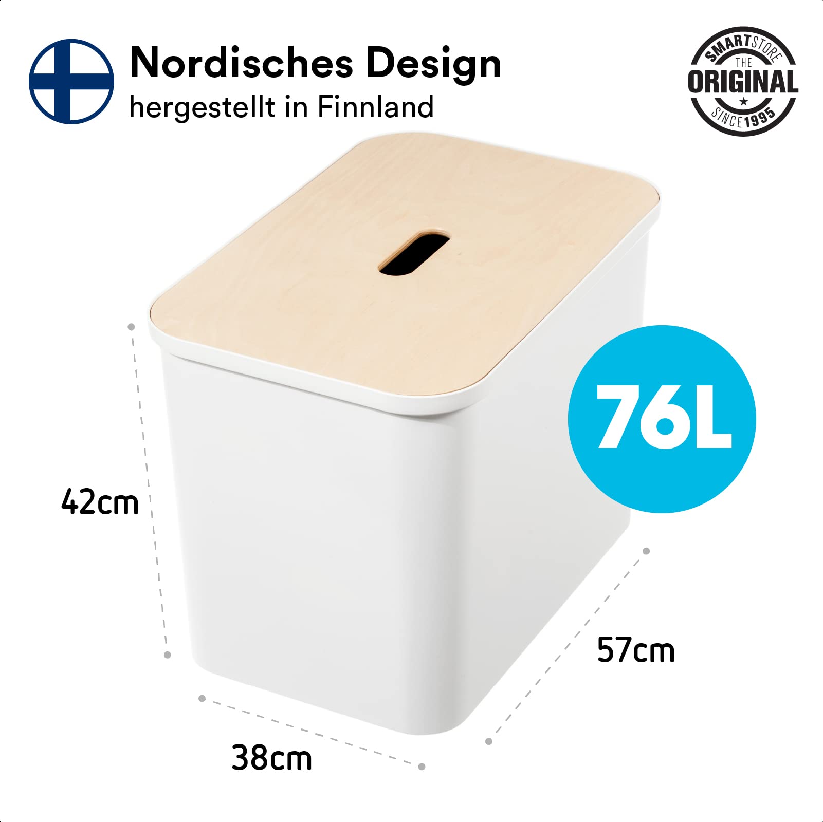 SmartStore Recycling-Mülleimer – 76 l großer Kücheneimer mit Holzdeckel, 3 x 13 l Eimereinsätze, 2 x kleine Deckel – stabile Recycling-Mülleimer für die Küche – weißer Kücheneimer